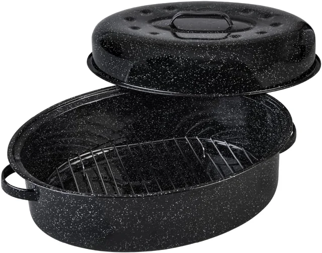 19-inch black oval roaster, lid and rack